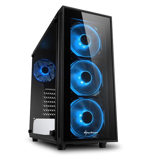 Sharkoon TG4 Mid Tower PC Computer Case I Support Mini-ITX, Micro-ATX, ATX Motherboard I Side Panel Tempered Glass with 4 x 120 mm Blue LED Fan (pre-Installed) - Black - Triveni World