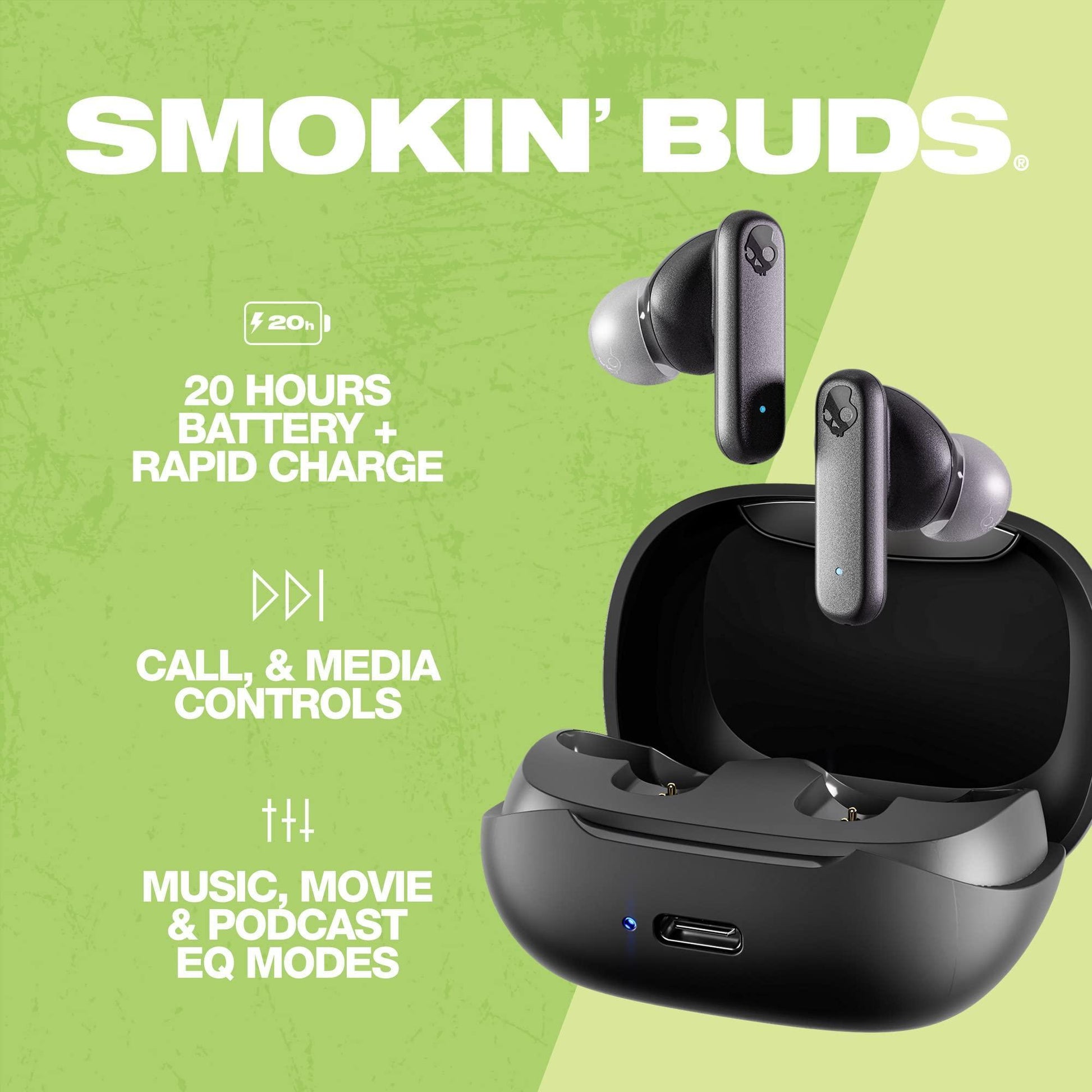 Skullcandy Smokin Buds in-Ear Wireless Earbuds, 20 Hr Battery, Use Either Bud Solo,Rapid Charge, Microphone, Works with iPhone Android and Bluetooth Devices - Black - Triveni World