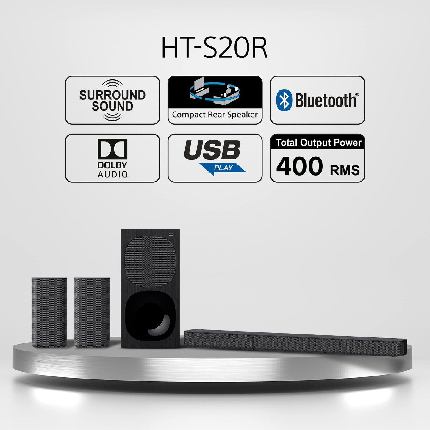 Sony HT-S20R Real 5.1ch Dolby Digital Soundbar for TV with subwoofer and Compact Rear Speakers, 5.1ch Home Theatre System (400W,Bluetooth & USB Connectivity, HDMI & Optical connectivity) - Triveni World