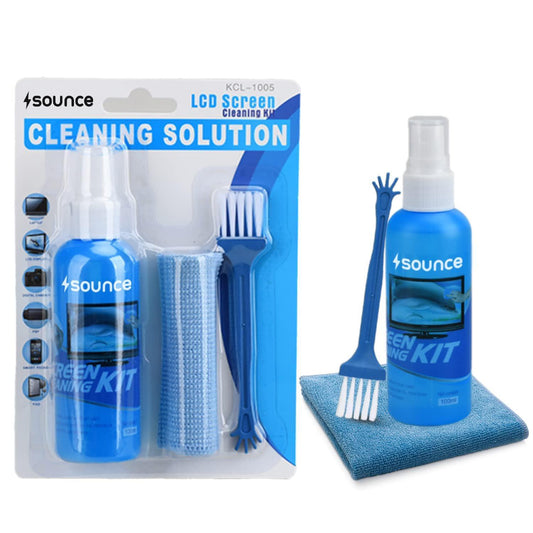 Sounce 3 in 1 Cleaning Set for Screen PC, Laptops, Monitors, Mobiles, LCD, LED, TV/Professional Quality/Prevents Static Electricity, 100ml with Micro Fiber Cloth and Soft Brush - Triveni World