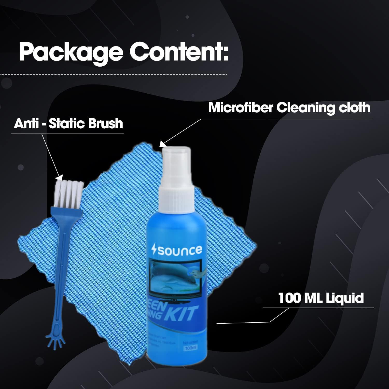 Sounce 3 in 1 Cleaning Set for Screen PC, Laptops, Monitors, Mobiles, LCD, LED, TV/Professional Quality/Prevents Static Electricity, 100ml with Micro Fiber Cloth and Soft Brush - Triveni World