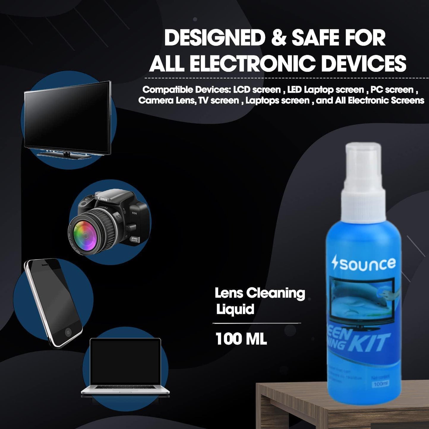 Sounce 3 in 1 Cleaning Set for Screen PC, Laptops, Monitors, Mobiles, LCD, LED, TV/Professional Quality/Prevents Static Electricity, 100ml with Micro Fiber Cloth and Soft Brush - Triveni World