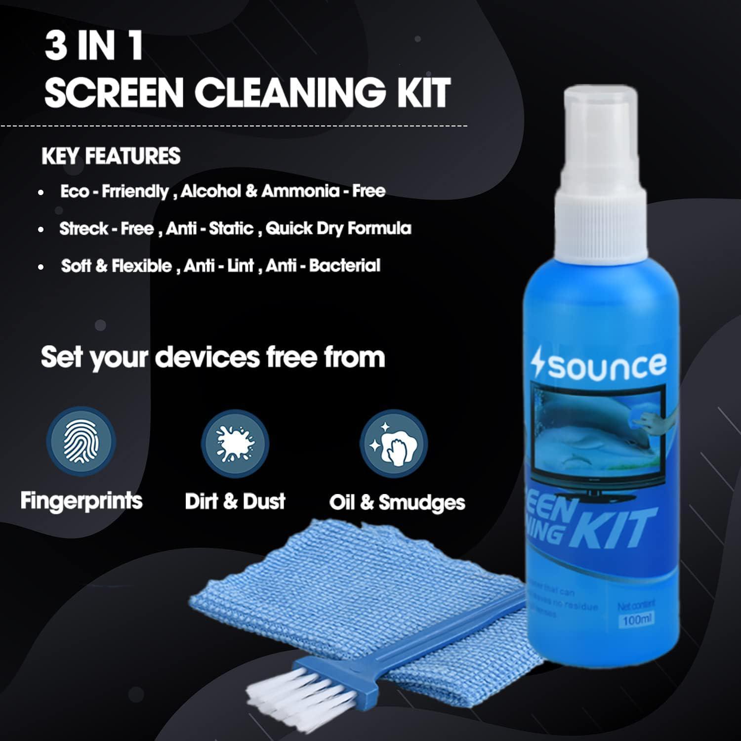 Sounce 3 in 1 Cleaning Set for Screen PC, Laptops, Monitors, Mobiles, LCD, LED, TV/Professional Quality/Prevents Static Electricity, 100ml with Micro Fiber Cloth and Soft Brush - Triveni World