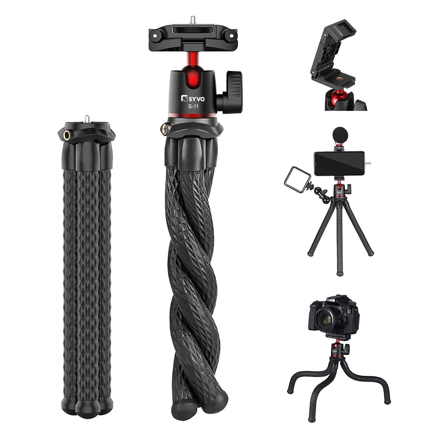 Syvo S-11 Camera Tripod, Flexible Gorilla Tripod Stand with Hidden Phone Holder w Cold Shoe Mount, 1/4'' Screw for Magic Arm, Universal for iPhone 14 13 Pro XS Max Samsung Canon Nikon Sony Cameras - Triveni World