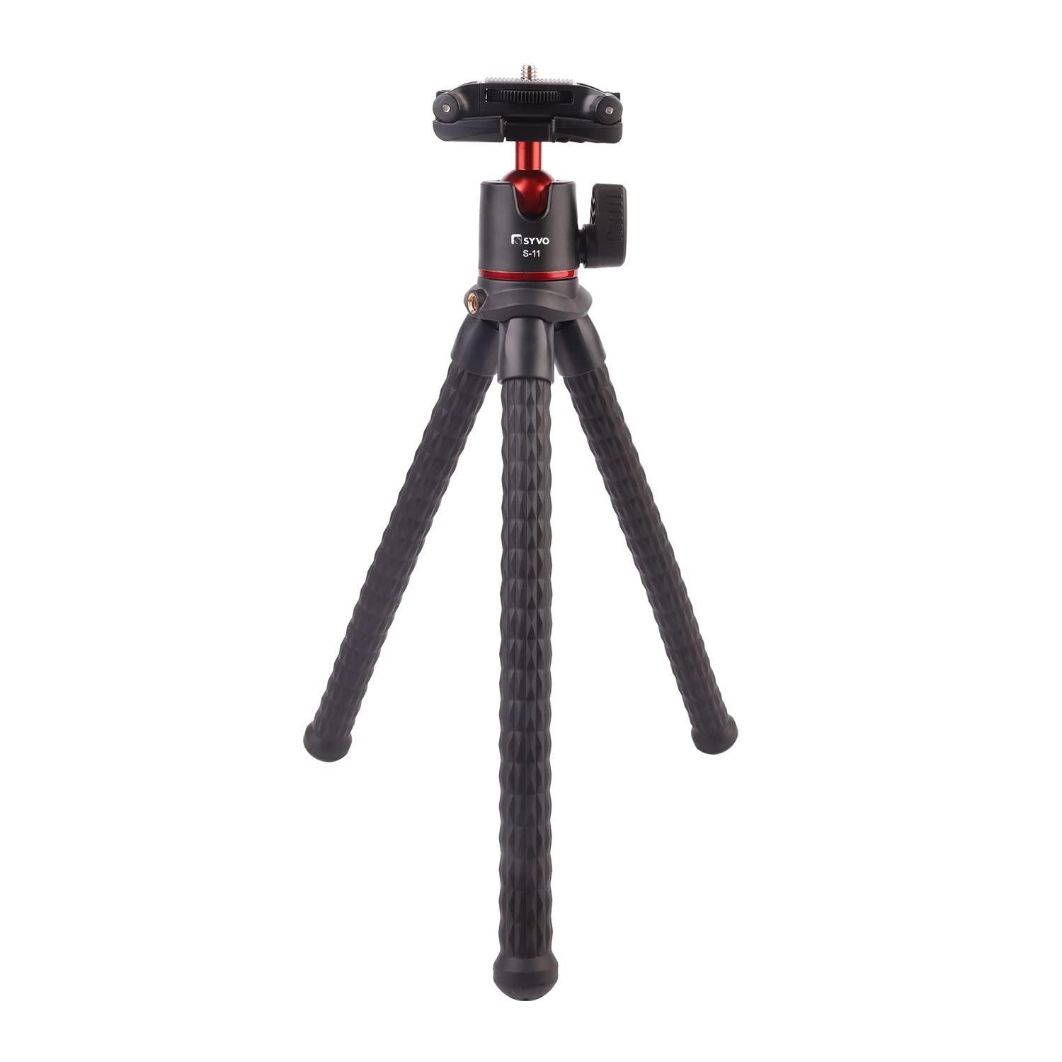 Syvo S-11 Camera Tripod, Flexible Gorilla Tripod Stand with Hidden Phone Holder w Cold Shoe Mount, 1/4'' Screw for Magic Arm, Universal for iPhone 14 13 Pro XS Max Samsung Canon Nikon Sony Cameras - Triveni World