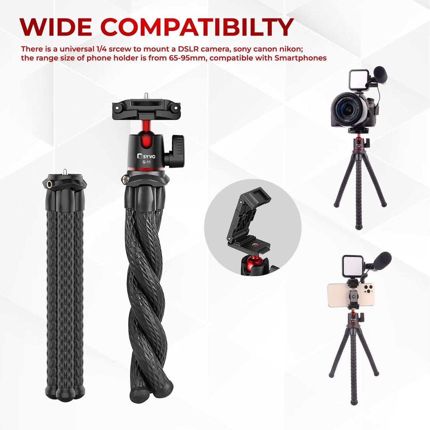 Syvo S-11 Camera Tripod, Flexible Gorilla Tripod Stand with Hidden Phone Holder w Cold Shoe Mount, 1/4'' Screw for Magic Arm, Universal for iPhone 14 13 Pro XS Max Samsung Canon Nikon Sony Cameras - Triveni World