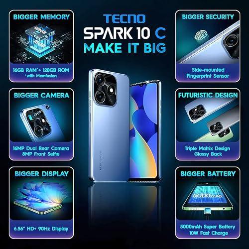 Tecno Spark 10C (Meta Blue, 8GB RAM, 128GB Storage) | 16GB RAM (8GB Extended RAM) | 16MP Rear Camera | 8MP Glowing Selfie | Side-Mounted Fingerprint Sensor | 5000mAh Battery | 18W Fast Charge(Type-C) - Triveni World