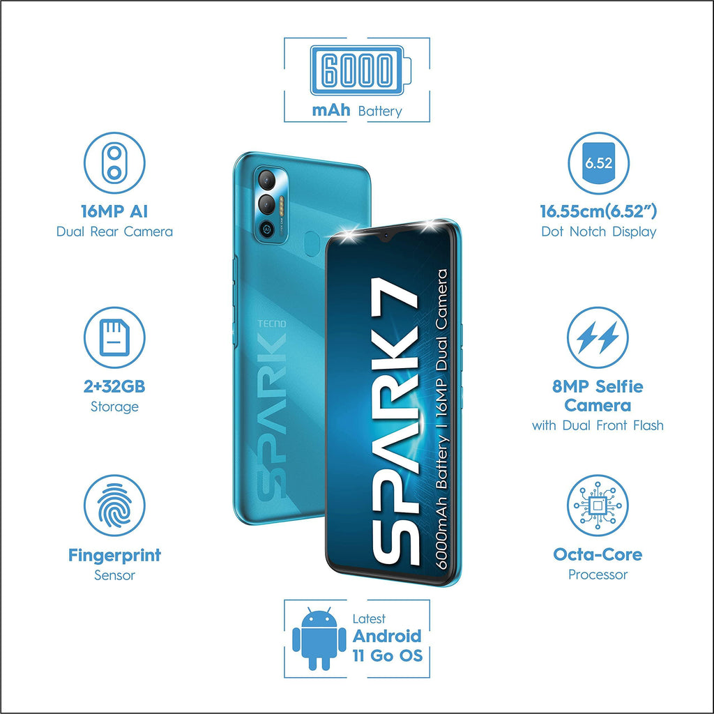 TECNO Spark 7 (Morpheus Blue, 2GB RAM, 32 GB Storage) - 6000mAh Battery|16 MP Dual Camera| 6.52” Dot Notch Display| Octa Core Processor - Triveni World