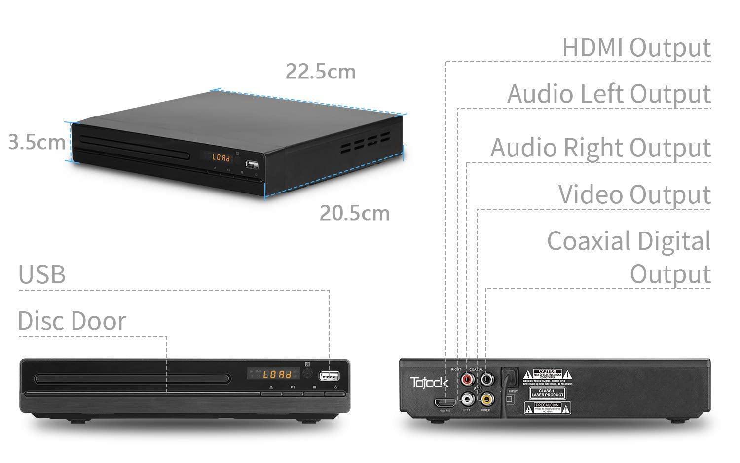 Tojock DVD Player with HDMI AV Output, DVD Player for TV, Contain HD with AV Cable/ Remote Control/ USB Input, All Region Support Home DVD Players, Tojock - Triveni World