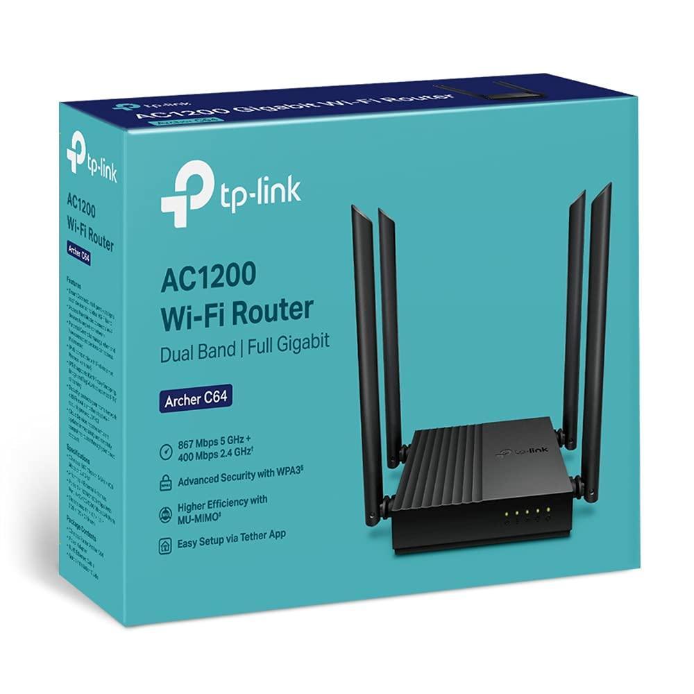 TP-Link Archer C64 AC1200 Dual-Band Gigabit Wi-Fi Router, Wireless Speed up to 1200 Mbps, 4×LAN Ports, 1.2 GHz CPU, Advanced Security with WPA3, MU-MIMO, Beamforming, Black - Triveni World