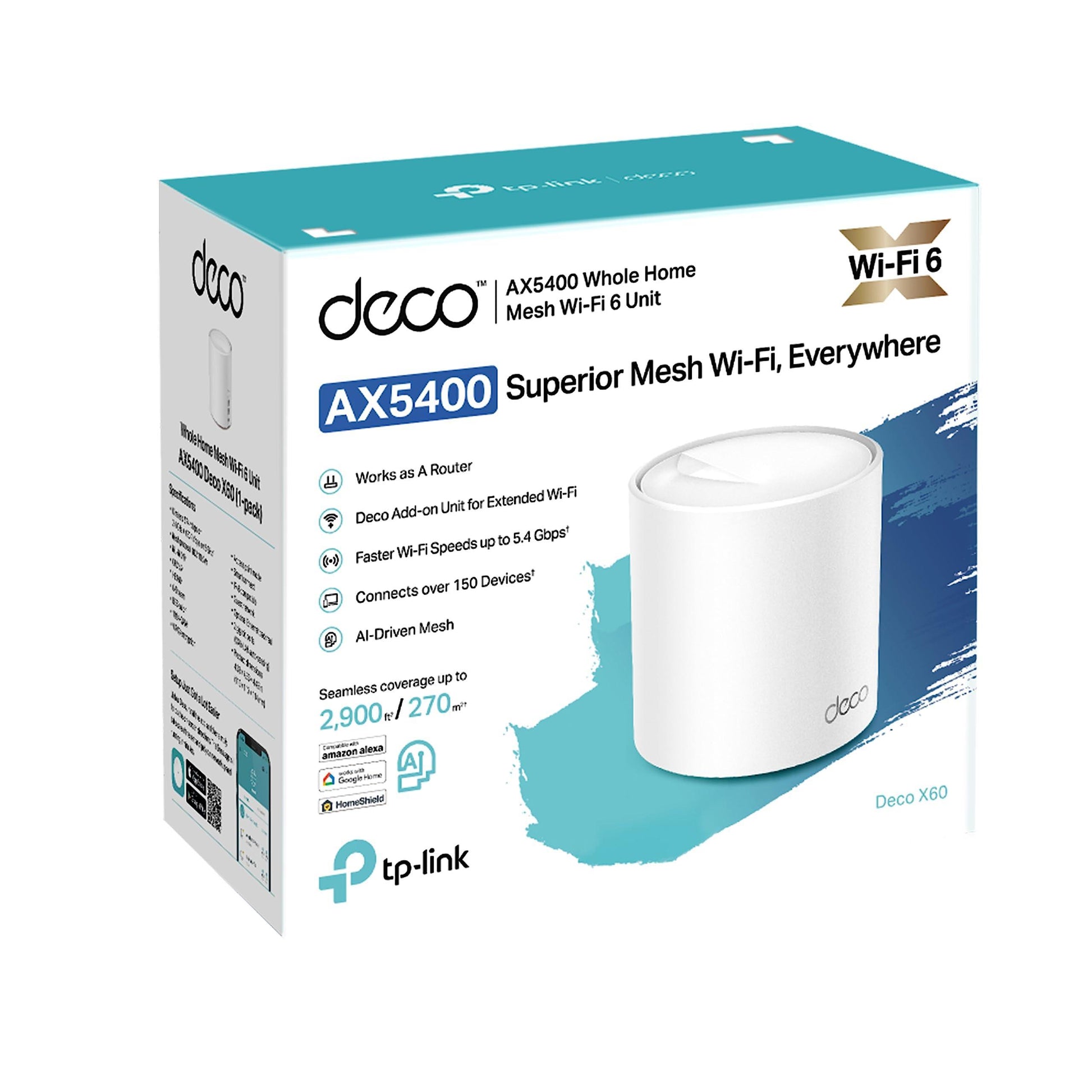 Tp-Link Deco X60(1-Pack) Ax5400 Whole Home Mesh Wireless Wifi System, Next-Gen Wi-Fi 6, Ofdma And Mu-Mimo, Homecare Build-In Antivirus, Parental Control, Compatible With Alexa (2900 Sq Ft) - Dual Band - Triveni World