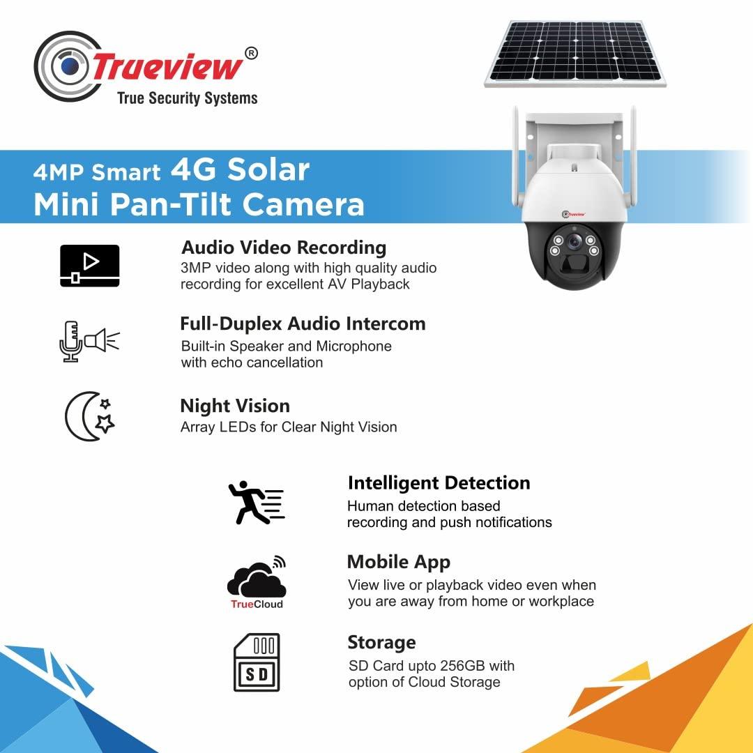 Trueview 4G Sim 4Mp Solar Powered CCTV Security Camera with Solar Panel | Surveillance for Agriculture | Remote Area | Construction Site | Garden (4MP Solar Mini PTZ) - Triveni World