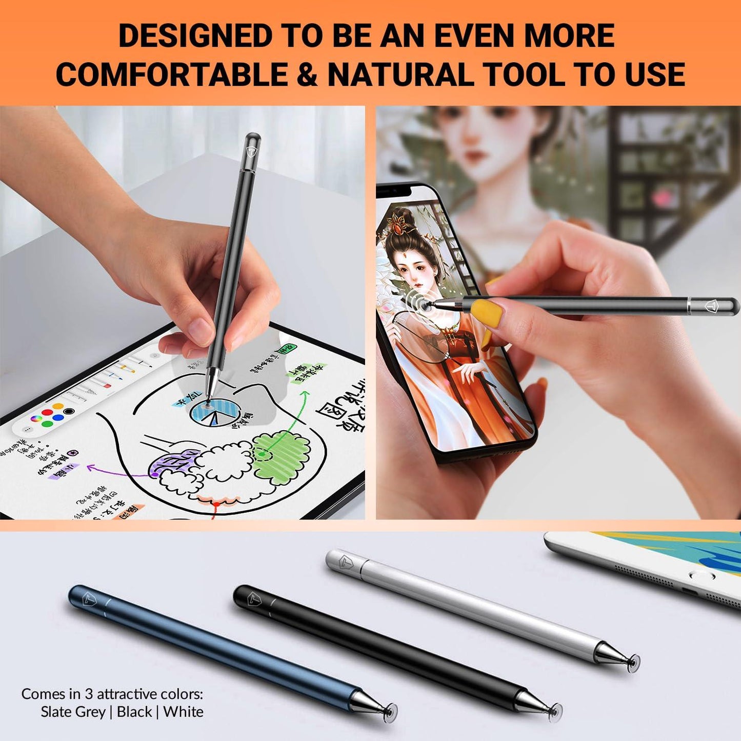 Tukzer Universal Stylus Pen for Smartphone/Tablet/iPad/Pro/Air/iPhone/iOS/Android/All Touch Screens Devices| Fine Point Disc Tip, Lightweight Aluminum Body Magnetic Cap Drawing Writing (Black) - Triveni World