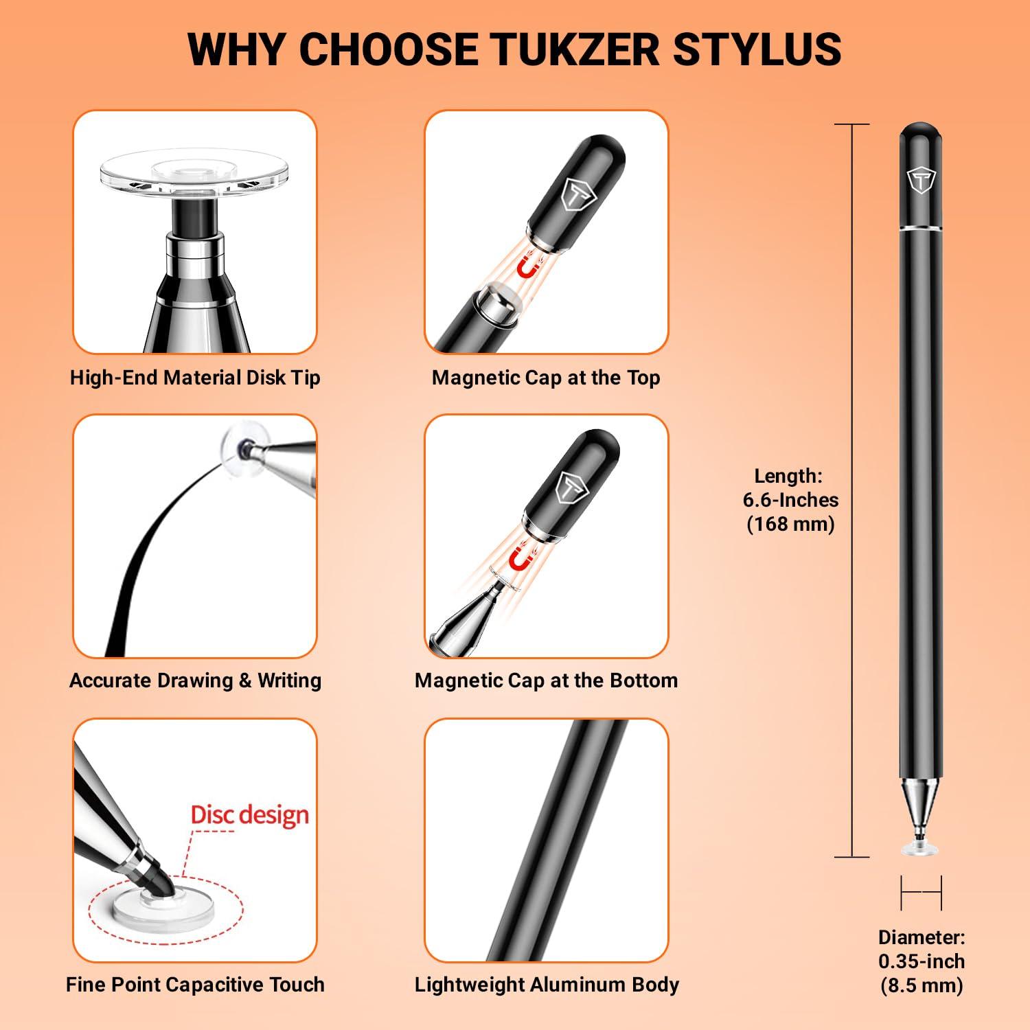 Tukzer Universal Stylus Pen for Smartphone/Tablet/iPad/Pro/Air/iPhone/iOS/Android/All Touch Screens Devices| Fine Point Disc Tip, Lightweight Aluminum Body Magnetic Cap Drawing Writing (Black) - Triveni World