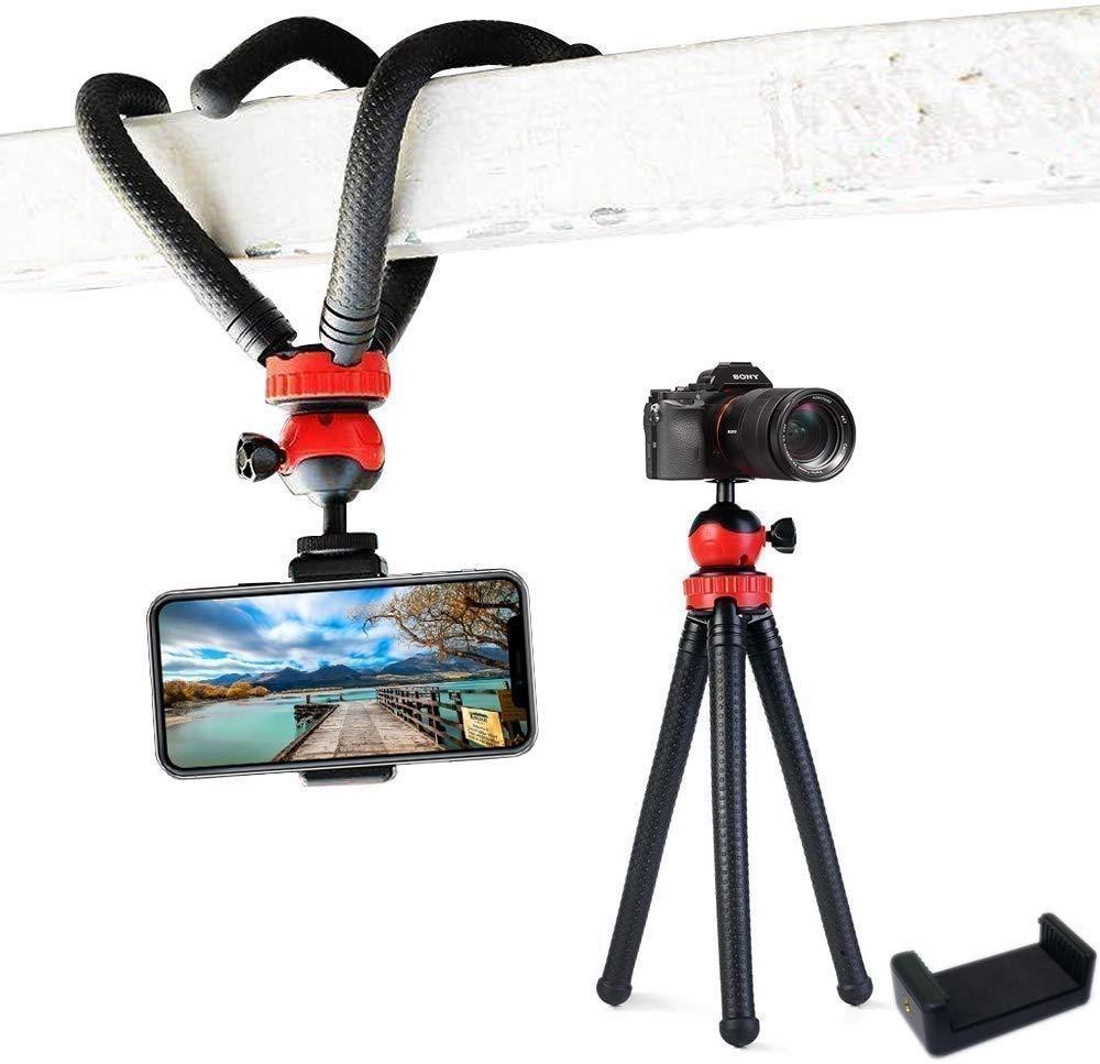 Tygot T-11 Flexible Gorillapod Tripod with 360° Rotating Ball Head Tripod for All DSLR Cameras(Max Load 1.5 kgs) & Mobile Phones + Free Heavy Duty Mobile Holder(Black) (12 Inch, Black and Red) - Triveni World