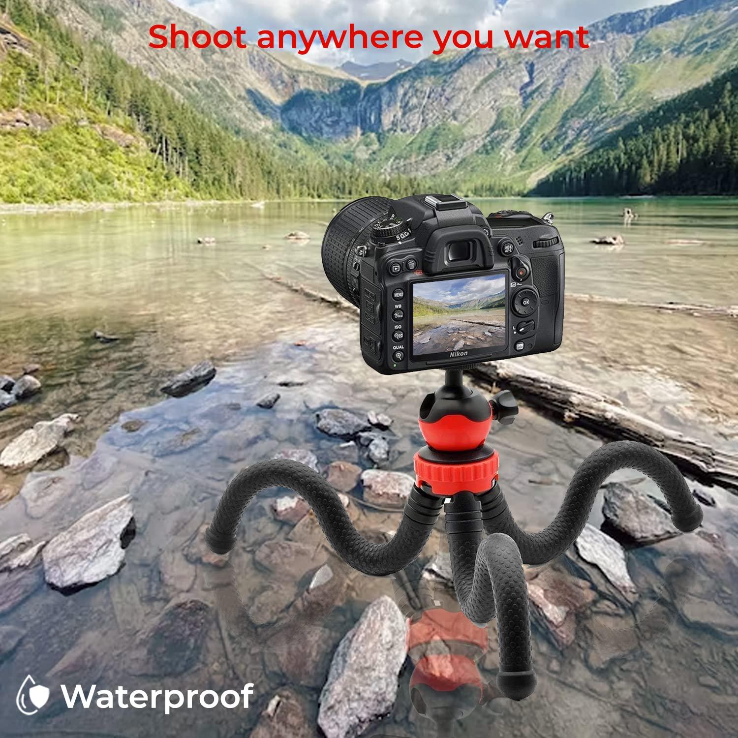 Tygot T-11 Flexible Gorillapod Tripod with 360° Rotating Ball Head Tripod for All DSLR Cameras(Max Load 1.5 kgs) & Mobile Phones + Free Heavy Duty Mobile Holder(Black) (12 Inch, Black and Red) - Triveni World