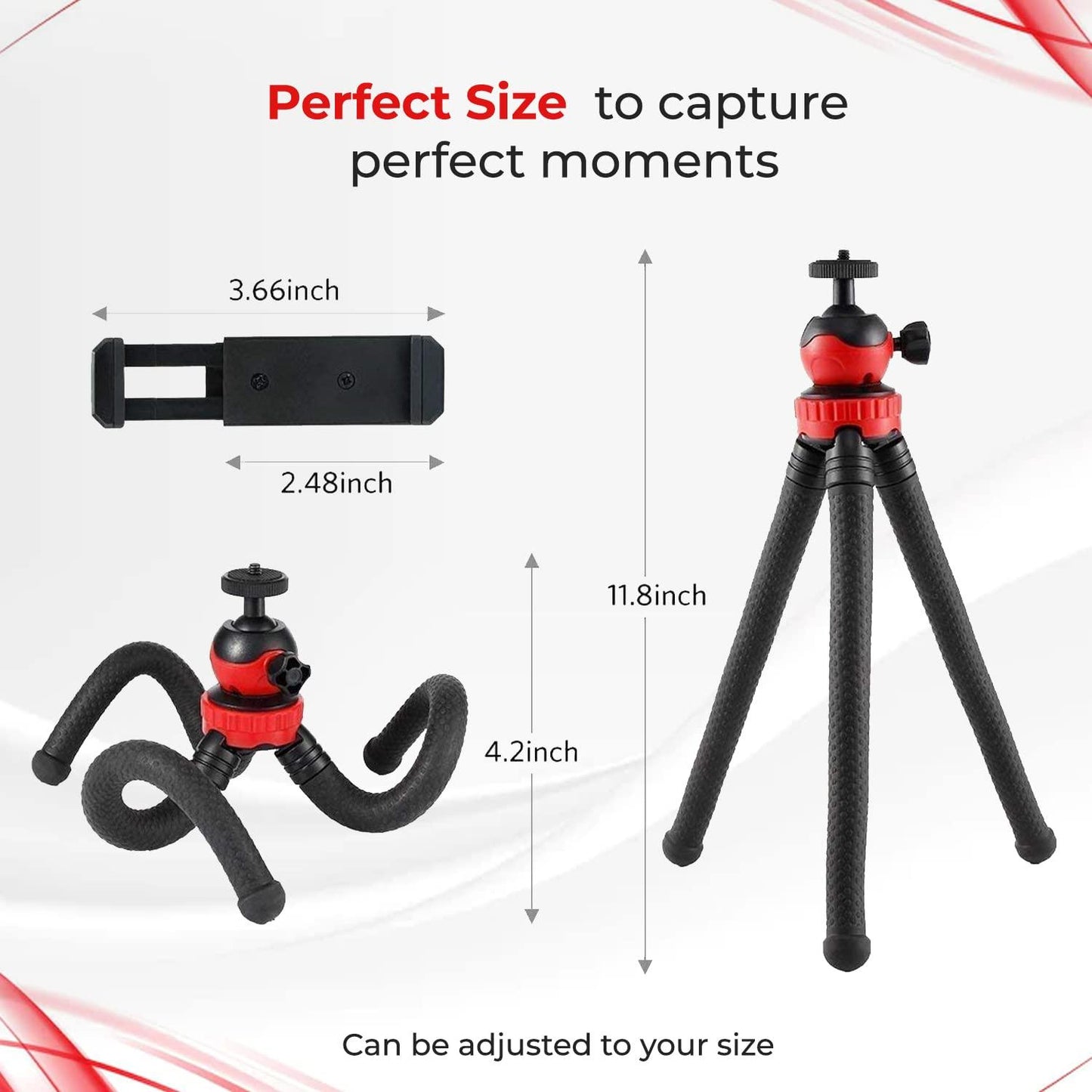 Tygot T-11 Flexible Gorillapod Tripod with 360° Rotating Ball Head Tripod for All DSLR Cameras(Max Load 1.5 kgs) & Mobile Phones + Free Heavy Duty Mobile Holder(Black) (12 Inch, Black and Red) - Triveni World