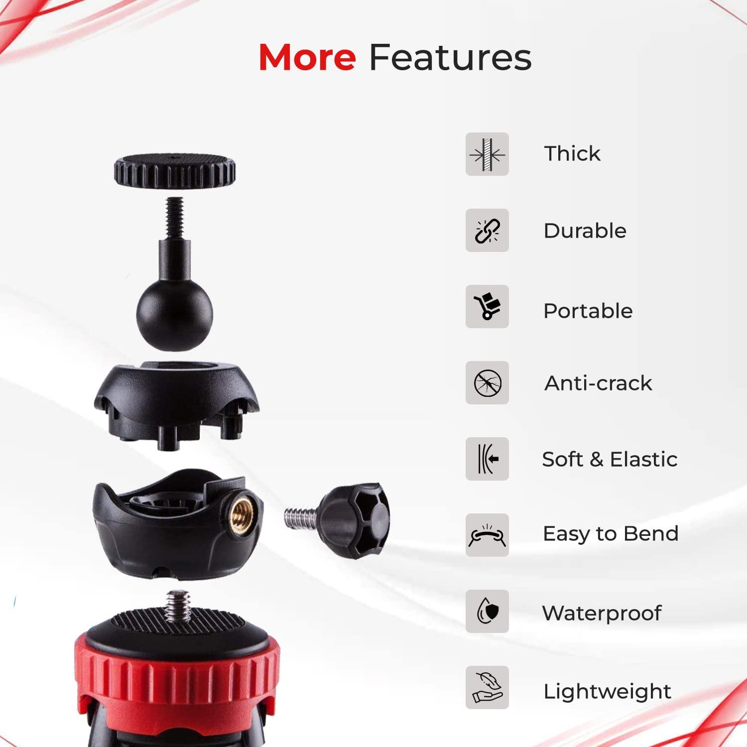 Tygot T-11 Flexible Gorillapod Tripod with 360° Rotating Ball Head Tripod for All DSLR Cameras(Max Load 1.5 kgs) & Mobile Phones + Free Heavy Duty Mobile Holder(Black) (12 Inch, Black and Red) - Triveni World