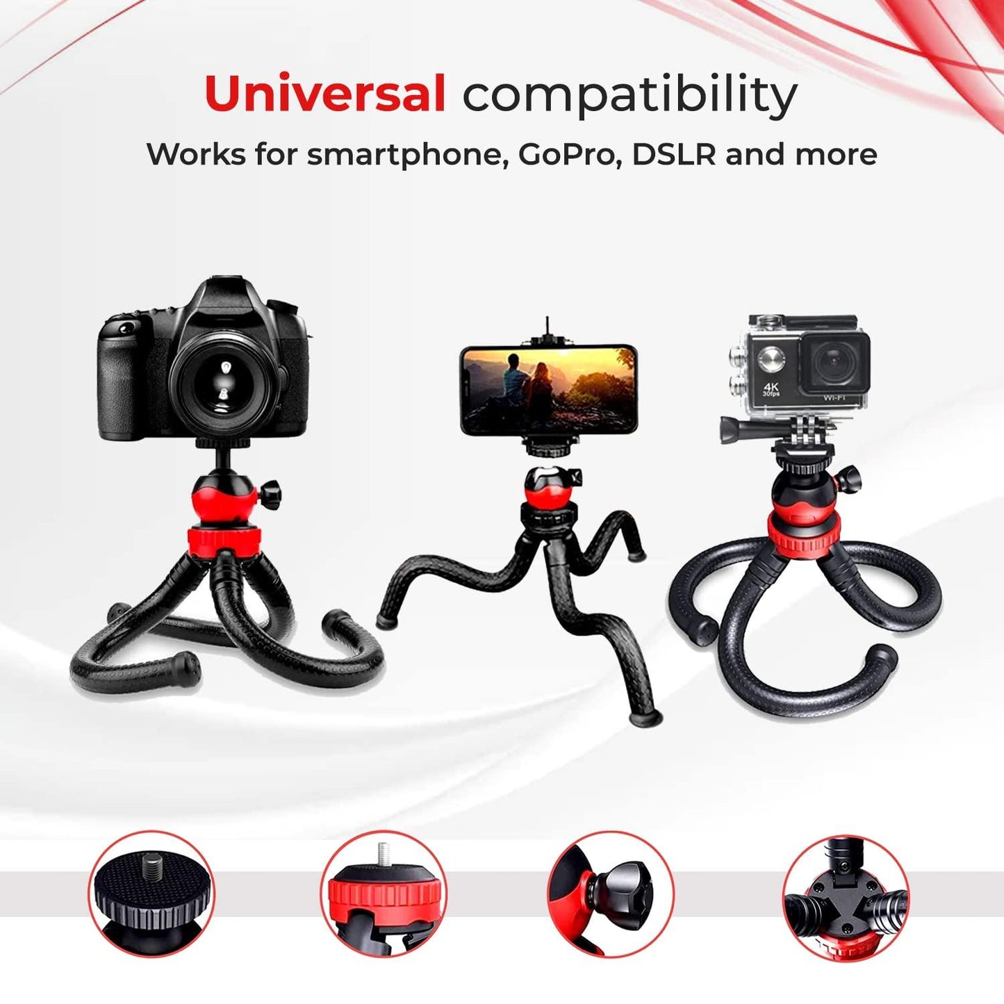 Tygot T-11 Flexible Gorillapod Tripod with 360° Rotating Ball Head Tripod for All DSLR Cameras(Max Load 1.5 kgs) & Mobile Phones + Free Heavy Duty Mobile Holder(Black) (12 Inch, Black and Red) - Triveni World