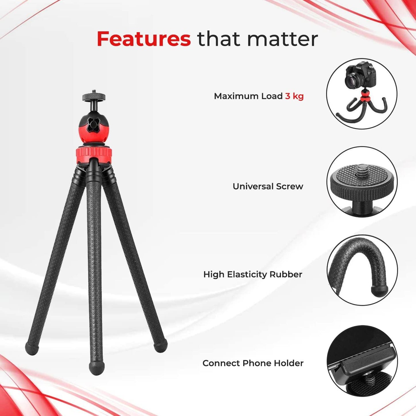 Tygot T-11 Flexible Gorillapod Tripod with 360° Rotating Ball Head Tripod for All DSLR Cameras(Max Load 1.5 kgs) & Mobile Phones + Free Heavy Duty Mobile Holder(Black) (12 Inch, Black and Red) - Triveni World