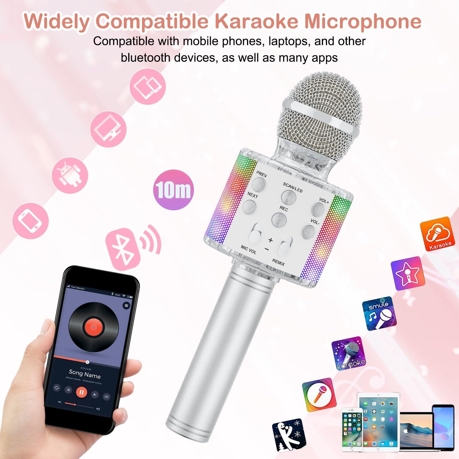 Verkstar Wireless Bluetooth 4 in 1 Karaoke Microphone, Portable Handheld Karaoke Machine Speaker Birthday Home Party Player with Record Function Christmas for Android & iOS All Devices (Silver) - Triveni World