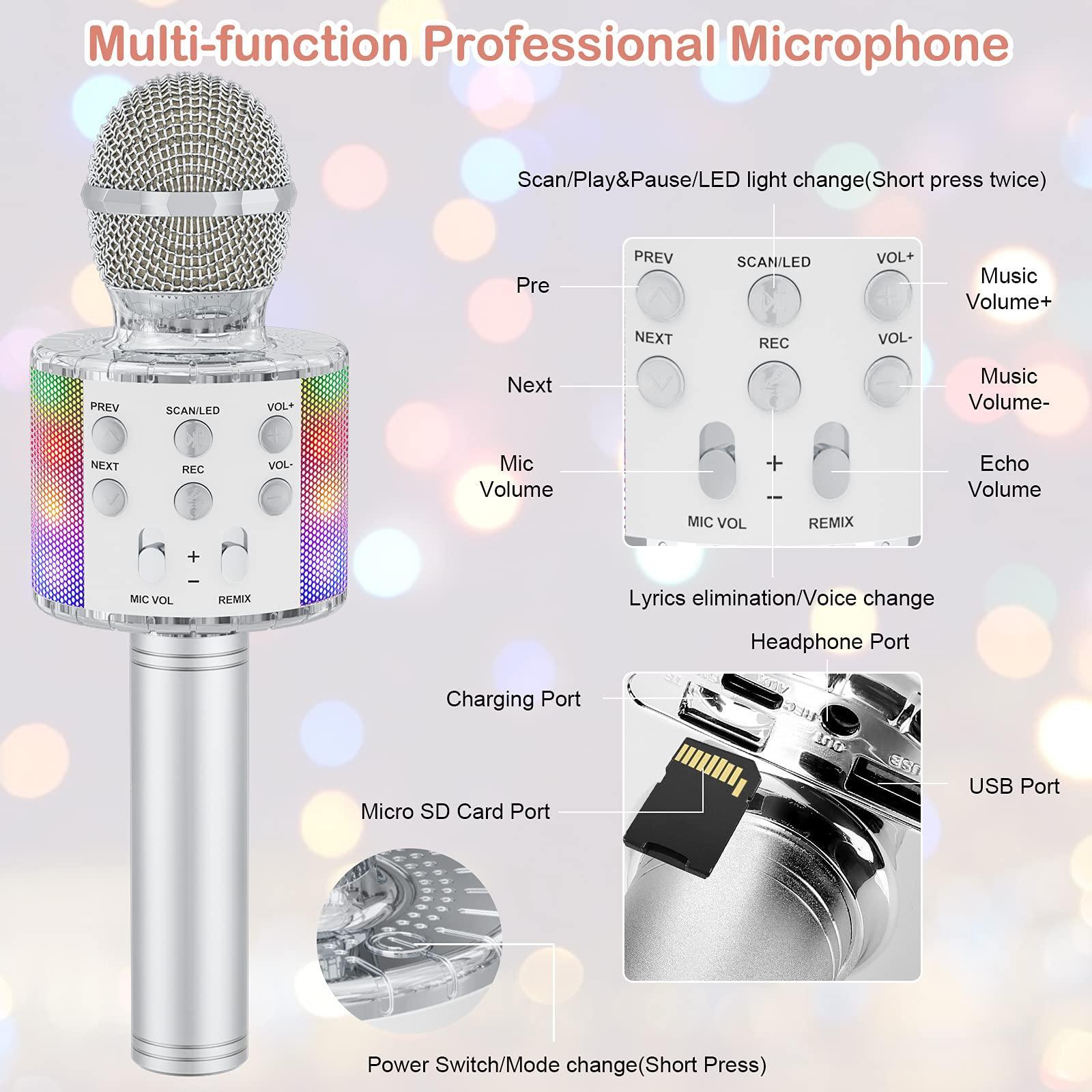 Verkstar Wireless Bluetooth 4 in 1 Karaoke Microphone, Portable Handheld Karaoke Machine Speaker Birthday Home Party Player with Record Function Christmas for Android & iOS All Devices (Silver) - Triveni World