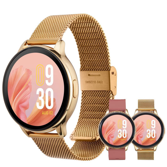 Vibez by Lifelong Premium Luxury Smartwatch for Women with Metal Strap & HD Display, BT Calling, Multiple Watch Faces, Health Tracker, Sports Modes & Free Silicone Strap Smart Watch (Emerald, Gold) - Triveni World