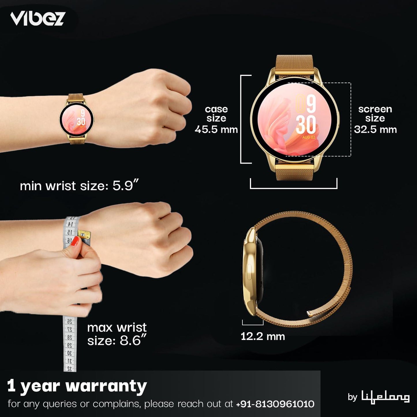 Vibez by Lifelong Premium Luxury Smartwatch for Women with Metal Strap & HD Display, BT Calling, Multiple Watch Faces, Health Tracker, Sports Modes & Free Silicone Strap Smart Watch (Emerald, Gold) - Triveni World