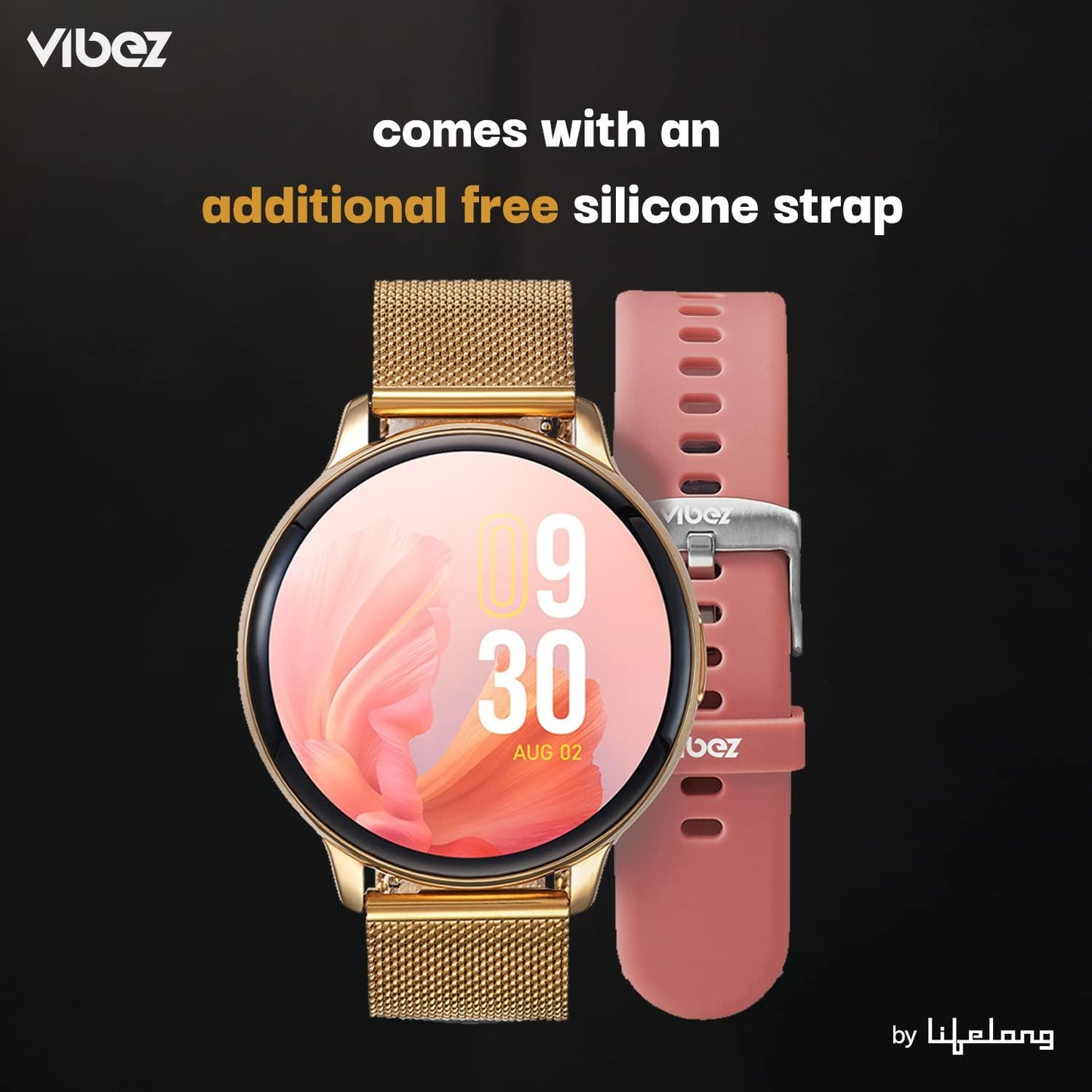 Vibez by Lifelong Premium Luxury Smartwatch for Women with Metal Strap & HD Display, BT Calling, Multiple Watch Faces, Health Tracker, Sports Modes & Free Silicone Strap Smart Watch (Emerald, Gold) - Triveni World