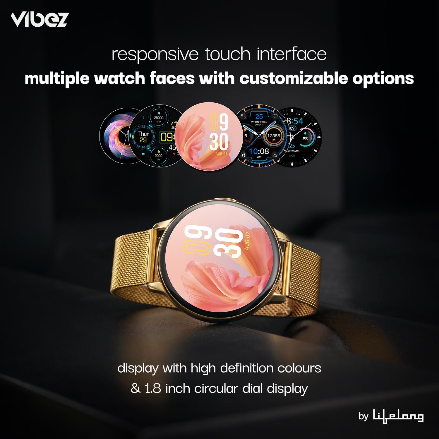 Vibez by Lifelong Premium Luxury Smartwatch for Women with Metal Strap & HD Display, BT Calling, Multiple Watch Faces, Health Tracker, Sports Modes & Free Silicone Strap Smart Watch (Emerald, Gold) - Triveni World