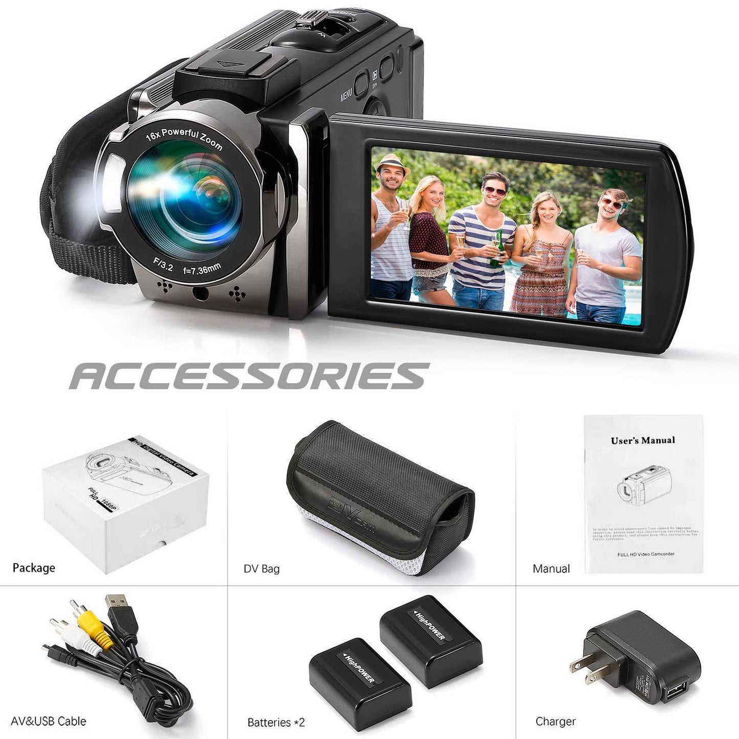 Video Camera Camcorder kimire Digital Camera Recorder Full HD 1080P 15FPS 24MP 3.0 Inch 270 Degree Rotation LCD 16X Digital Zoom Camcorder Camera with 2 Batteries(Black) - Triveni World