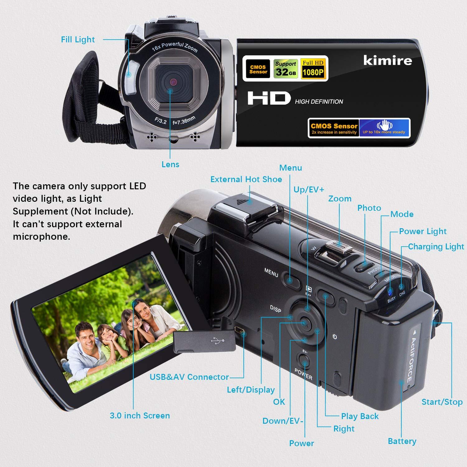 Video Camera Camcorder kimire Digital Camera Recorder Full HD 1080P 15FPS 24MP 3.0 Inch 270 Degree Rotation LCD 16X Digital Zoom Camcorder Camera with 2 Batteries(Black) - Triveni World