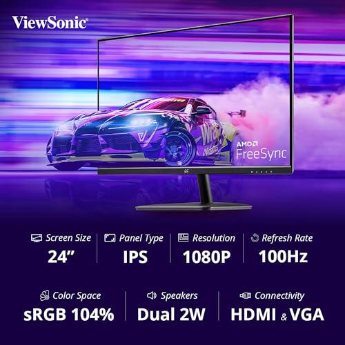 ViewSonic (Originated in USA) 24 Inch FHD IPS Monitor for Home and Office Use, 100 Hz, 1 MS Response time, AMD Free Sync, Dual Speaker, Wall Mount, Bezel Less, Eye-Care, Srgb104%, HDMI, VA2432-MH - Triveni World