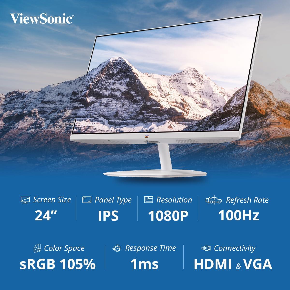 ViewSonic(Originated in USA) 24 Inch Full HD Office Monitor, Slim White, IPS, 100Hz,1Ms ResponseTime, AMD Free Sync, Srgb105%, Borderless Design, Eye Care, Wall Mount HDMI | VGA - VA2432-H-W - Triveni World