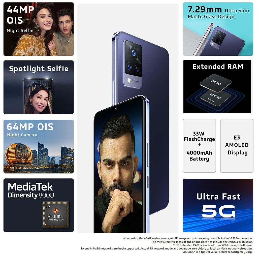 Vivo V21 5G (Dusk Blue, 8GB RAM, 128GB Storage) with No Cost EMI/Additional Exchange Offers - Triveni World