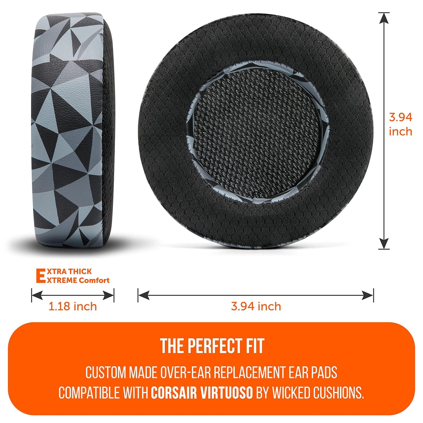 WC Freeze Virtuoso - Hybrid Fabric Cooling Gel Replacement Earpads for Corsair Virtuoso Gaming Headset, Made by Wicked Cushions, Improved Durability, Thickness and Sound Isolation | (Geo Grey) - Triveni World