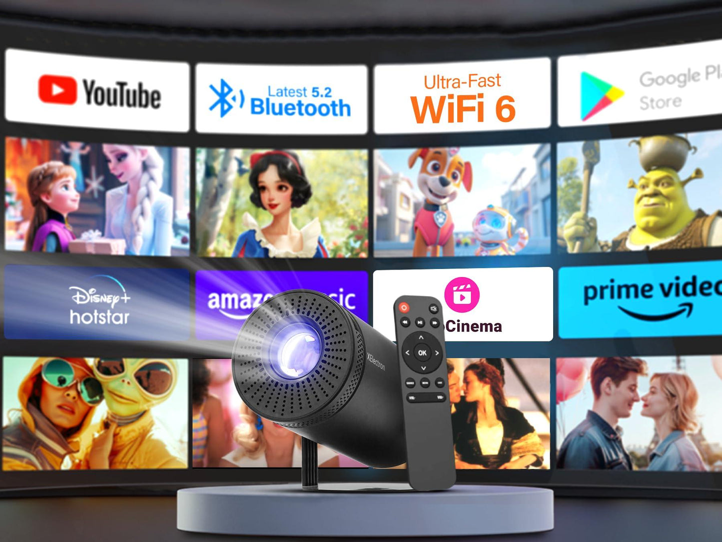 XElectron Y8 Plus Smart Android Projector with 720p HD Resolution, Rotatable Design, Built-in Streaming Apps (Netflix, Prime Video, Hotstar), 3800 Lumens, Screen Mirroring, 5 Watts Speaker (Black) - Triveni World