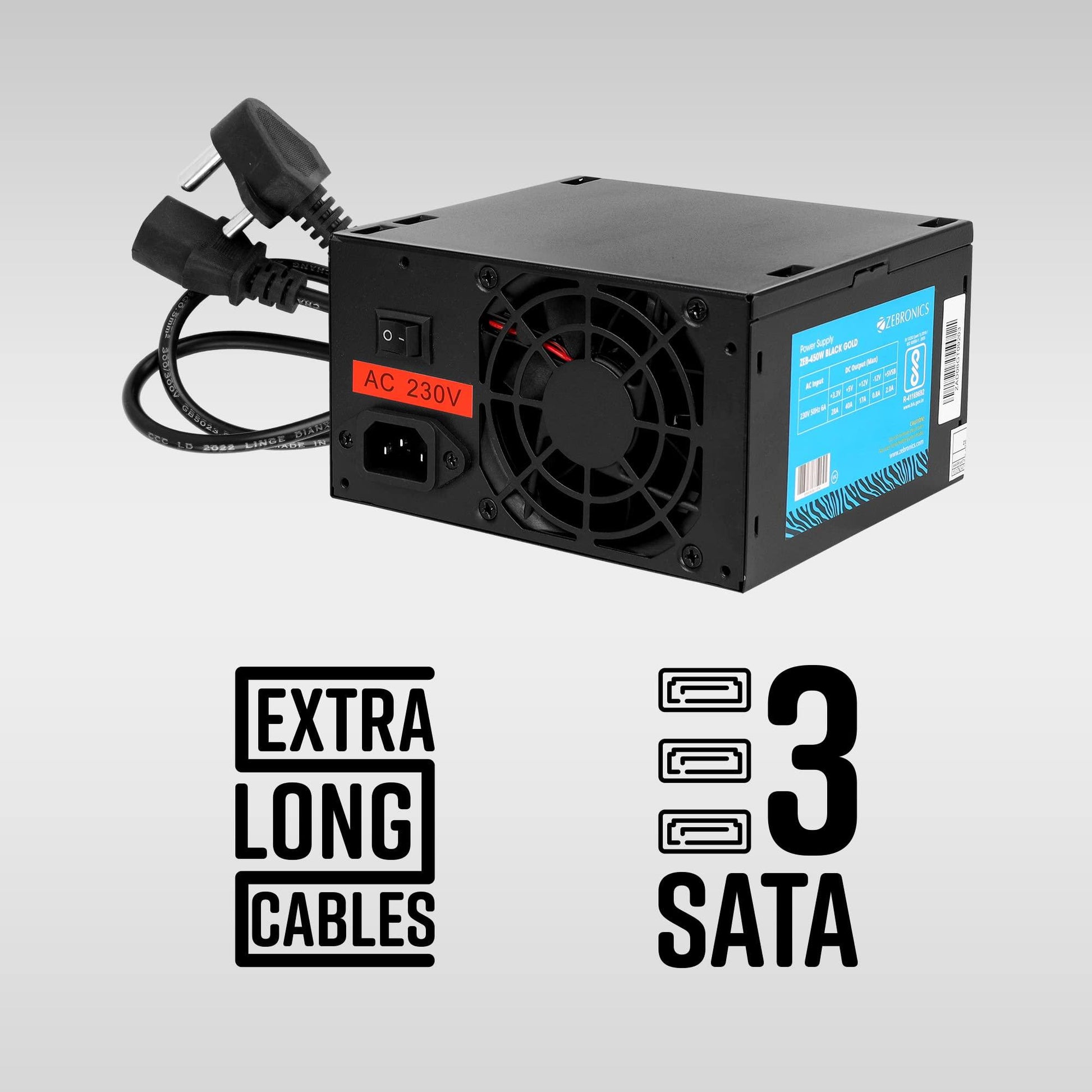 Zebronics 450W Black Gold Power Supply with 3X SATA connectors, 2X Molex, 80mm Built-in Fan, Extra Long Cables, 1.2 Meter Power Cable and Suitable for Regular use Computers - Triveni World