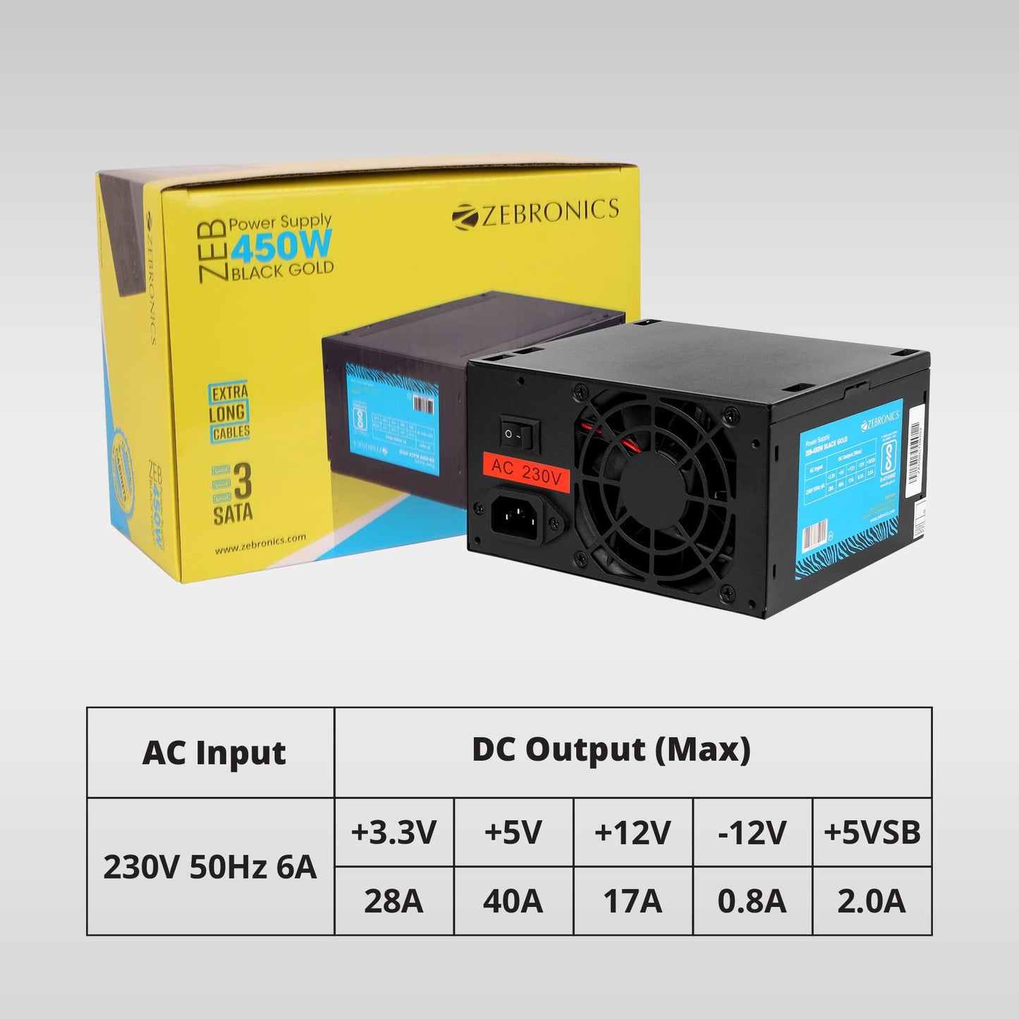 Zebronics 450W Black Gold Power Supply with 3X SATA connectors, 2X Molex, 80mm Built-in Fan, Extra Long Cables, 1.2 Meter Power Cable and Suitable for Regular use Computers - Triveni World