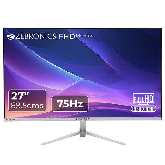 ZEBRONICS A27FHD LED Monitor, 27 inch (68.58cm), 250 nits, 75hz, Slim Design, FHD, 1080p, Wall Mountable, VGA, HDMI, Ultra Slim Bezel, Metal Stand, Built-in Speakers, Widescreen Monitor - Triveni World