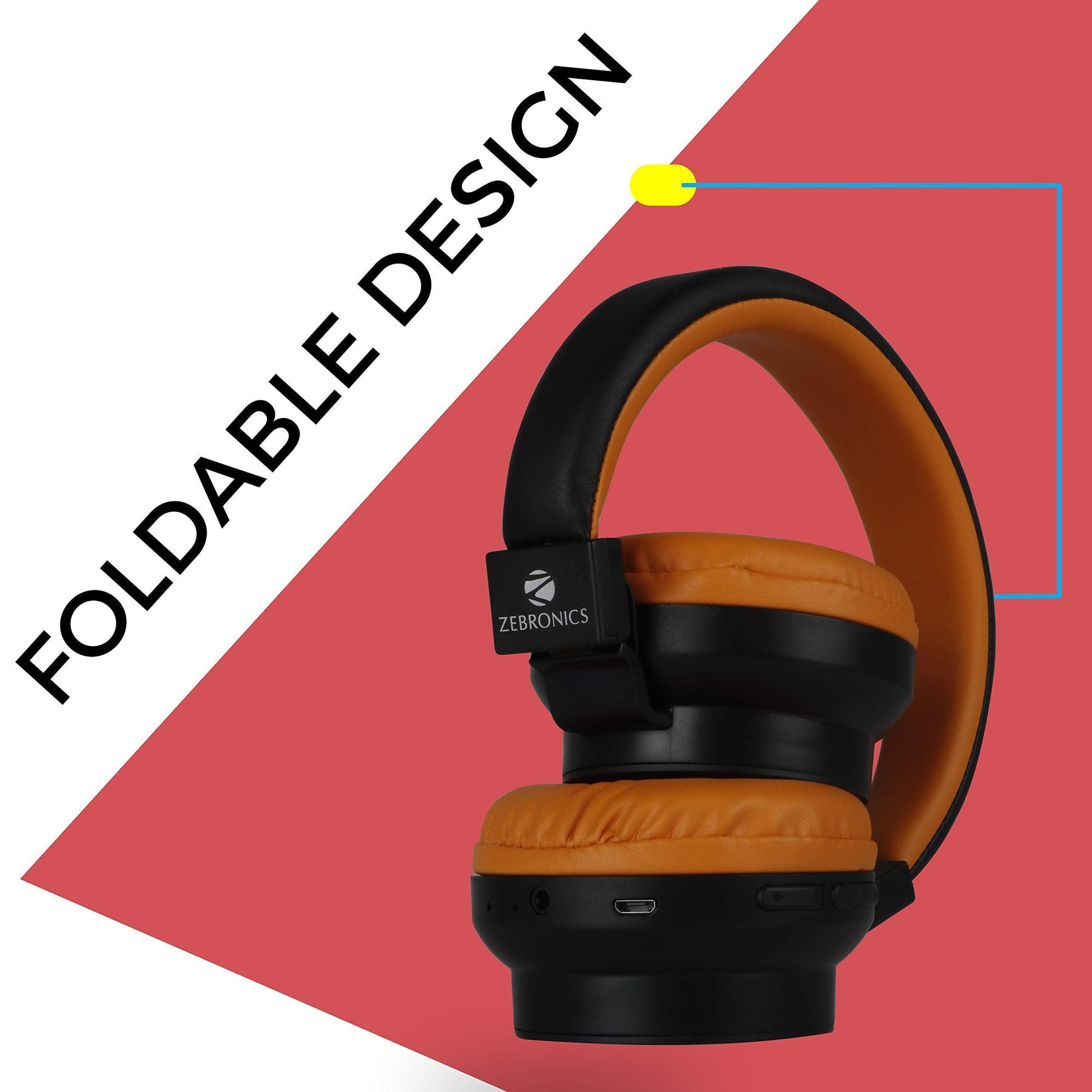 Zebronics-Bang over the ear headphones with Foldable Design and Bluetooth v5.0 headphones, Providing up to 20h* Playback (Orange) - Triveni World