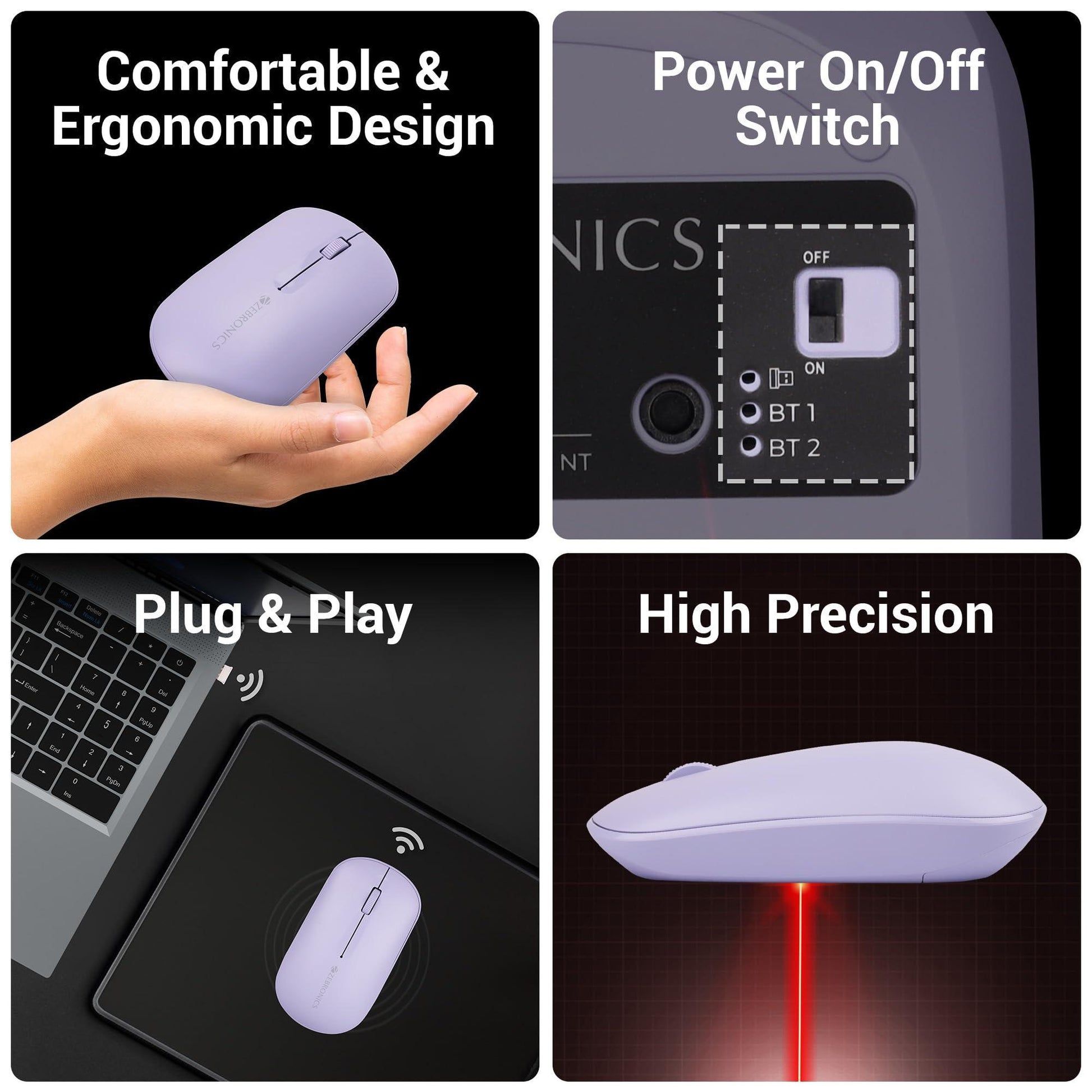 ZEBRONICS New Launch PULSE Wireless Mouse, Multi Connectivity, Dual Bluetooth, for Mac, Laptop, Computer, Tablet, 2.4GHz, 1200 DPI, Comfortable & Lightweight (Lavender) - Triveni World