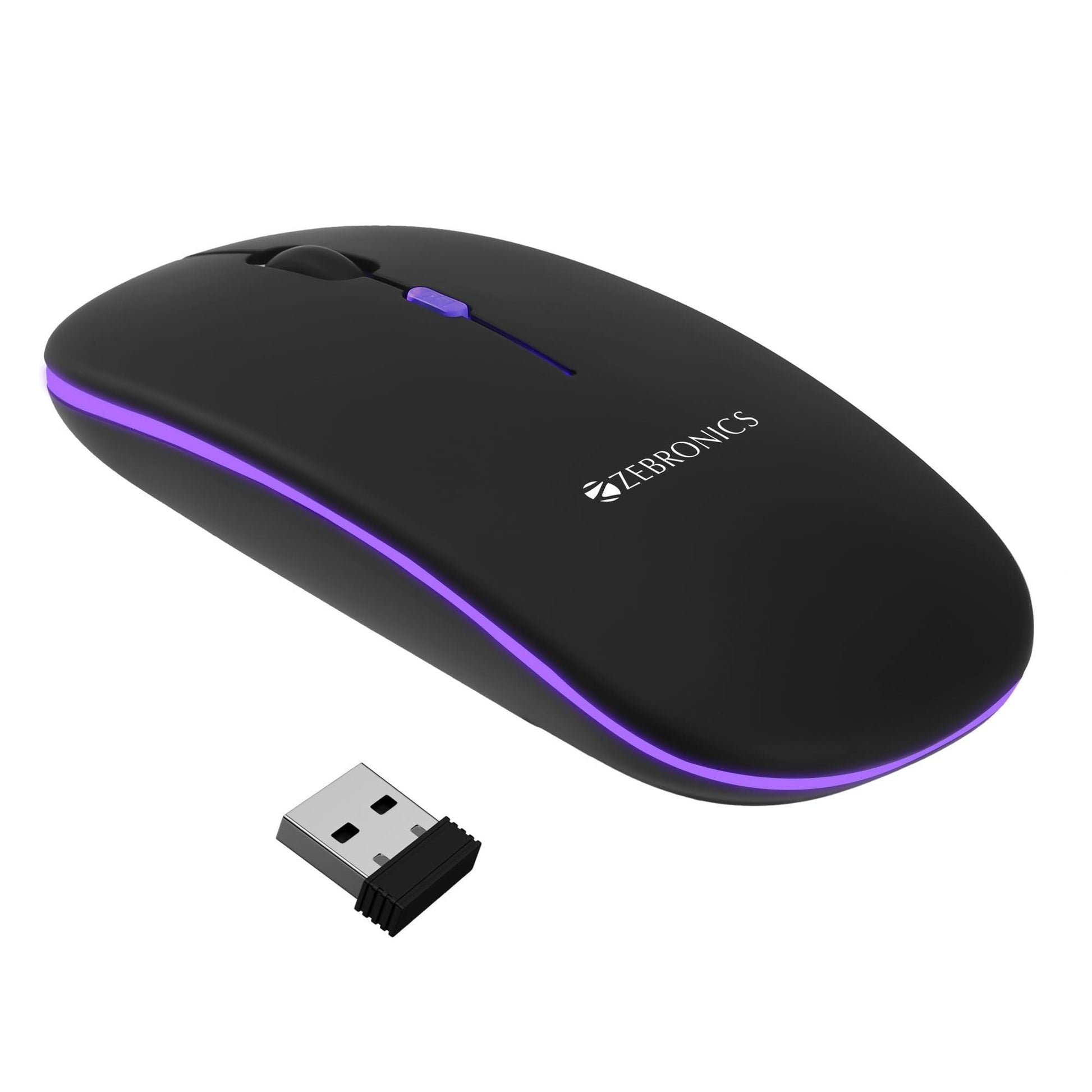 ZEBRONICS Newly Launched Blanc Slim Wireless Mouse with Rechargeable Battery, BT + 2.4GHz, 4 Buttons, 800/1200/1600 DPI, Silent Operation, Multicolor LED Lights - Triveni World