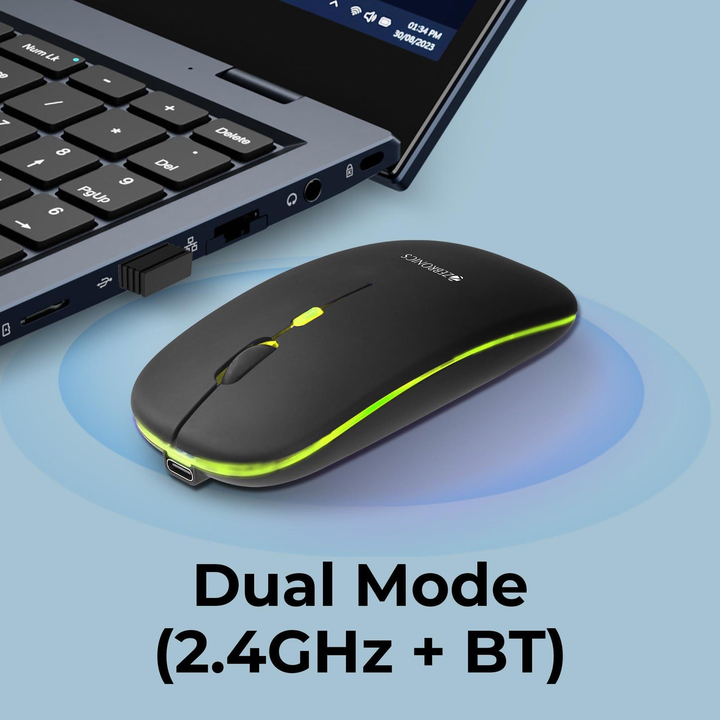 ZEBRONICS Newly Launched Blanc Slim Wireless Mouse with Rechargeable Battery, BT + 2.4GHz, 4 Buttons, 800/1200/1600 DPI, Silent Operation, Multicolor LED Lights - Triveni World