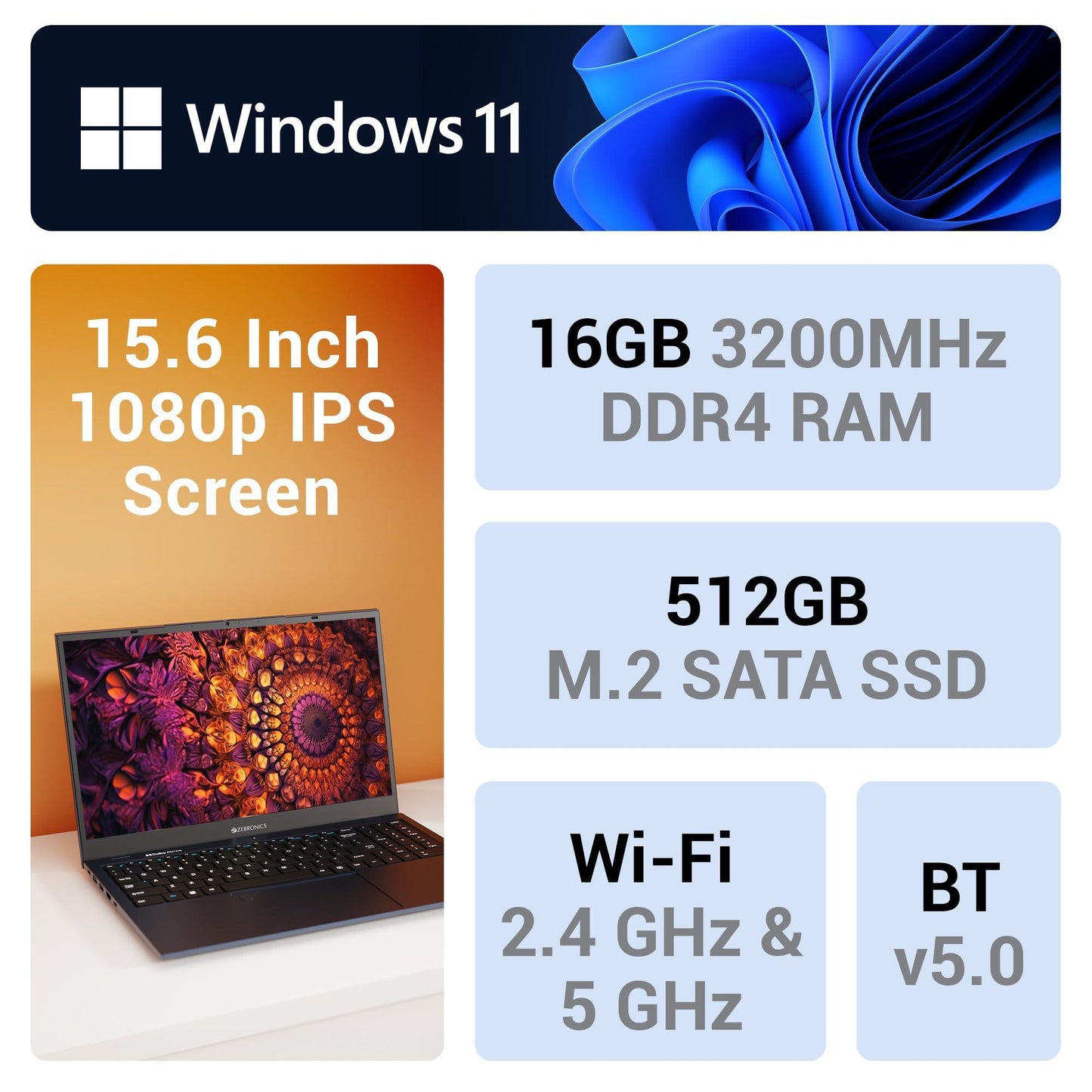 ZEBRONICS PRO Series Z NBC 4S, Intel Core 12th Gen i5 Processor 16GB RAM & 512GB SSD Laptop, 15.6 Inch (39.6CM), IPS 180° Display, Dolby Atmos, 38.5Wh Large Battery, Windows 11, Midnight Blue,1.76 Kg - Triveni World