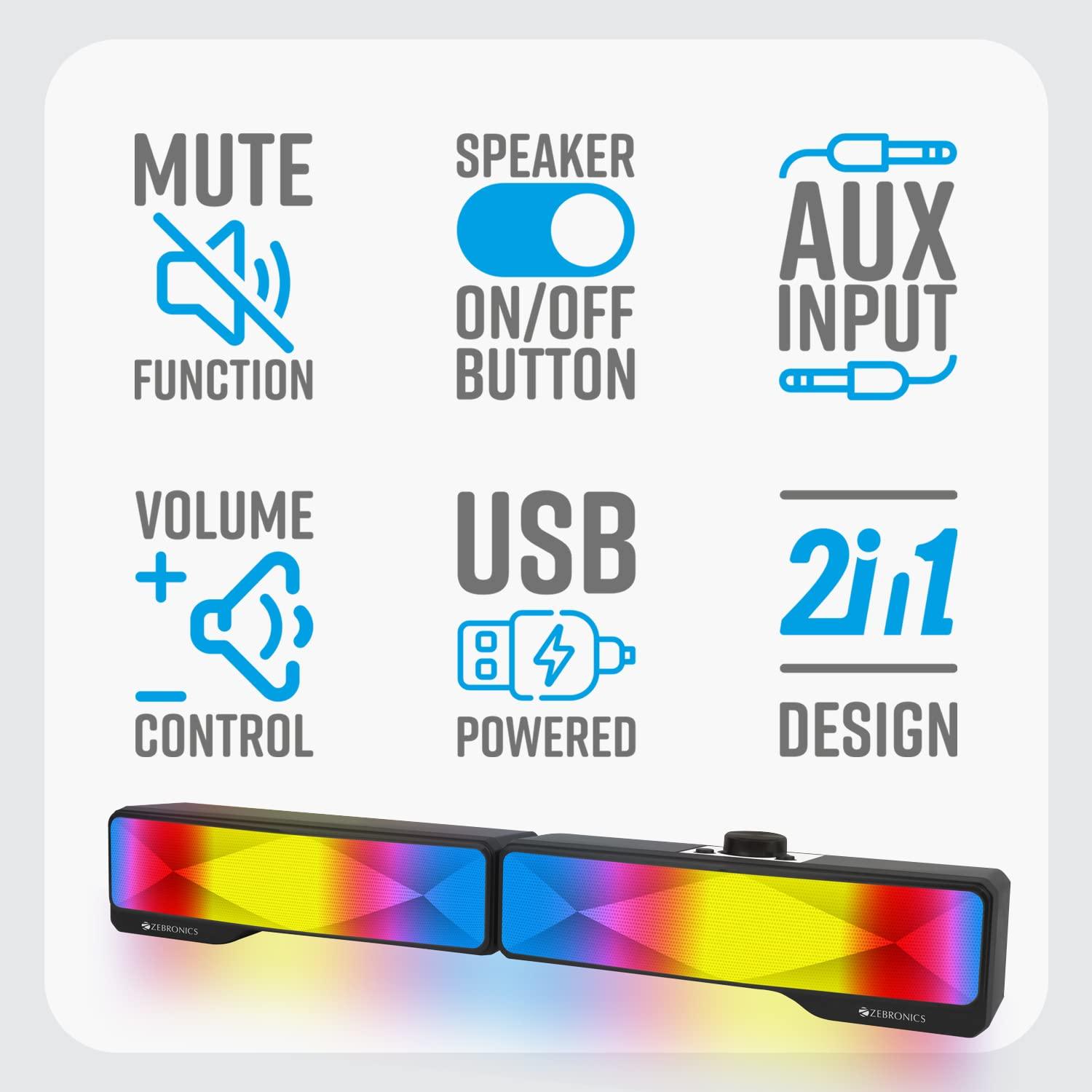 ZEBRONICS Wonder Bar 20 RGB Lights Computer Speaker with Detachable 2 in 1 Design, 10W RMS Output, Volume Control, AUX 3.5mm, USB Powered, 2.0 Stereo, Speaker ON/Off and Mute - Triveni World