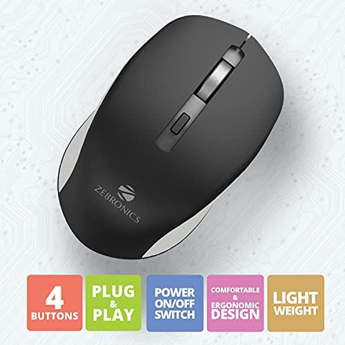 ZEBRONICS ZEB-JAGUAR Wireless Mouse, 2.4GHz with USB Nano Receiver, High Precision Optical Tracking, 4 Buttons, Plug & Play, Ambidextrous, for PC/Mac/Laptop (Black+Grey) - Triveni World