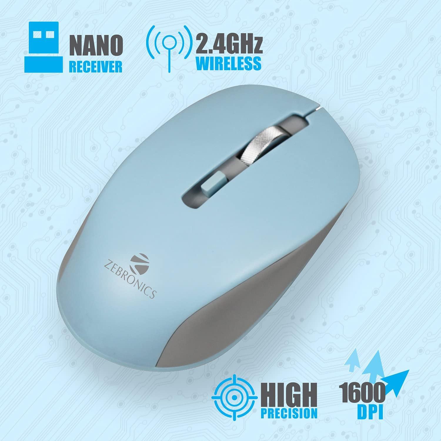 ZEBRONICS Zeb-Jaguar Wireless Mouse, 2.4GHz with USB Nano Receiver, High Precision Optical Tracking, 4 Buttons, Plug & Play, Ambidextrous, for PC/Mac/Laptop (LIGHT BLUE+GREY) - Triveni World