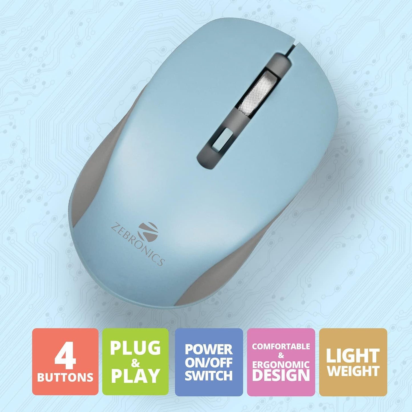 ZEBRONICS Zeb-Jaguar Wireless Mouse, 2.4GHz with USB Nano Receiver, High Precision Optical Tracking, 4 Buttons, Plug & Play, Ambidextrous, for PC/Mac/Laptop (LIGHT BLUE+GREY) - Triveni World