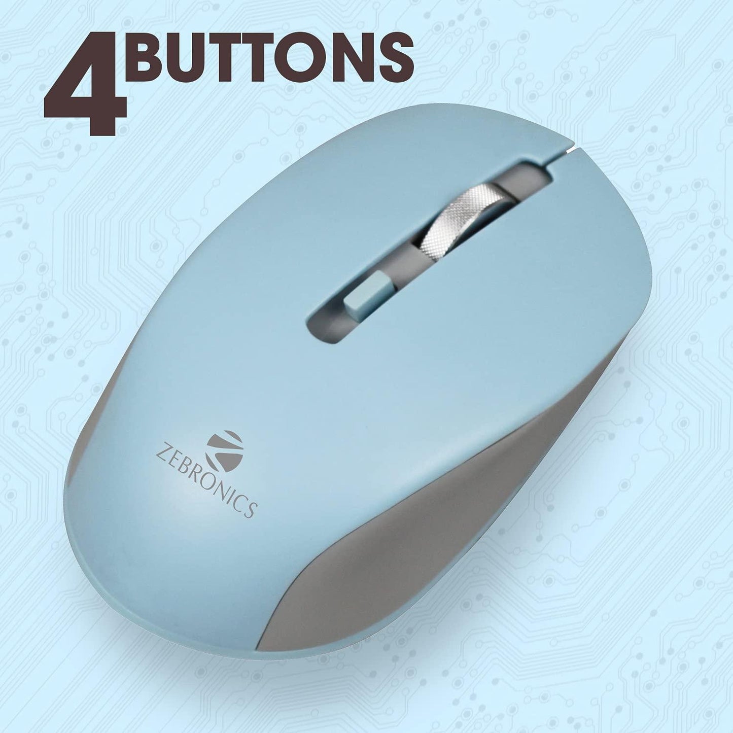 ZEBRONICS Zeb-Jaguar Wireless Mouse, 2.4GHz with USB Nano Receiver, High Precision Optical Tracking, 4 Buttons, Plug & Play, Ambidextrous, for PC/Mac/Laptop (LIGHT BLUE+GREY) - Triveni World